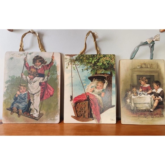 3 Vintage Moonlight & Roses Mounted Prints Hanging Wall Art Victorian Children - Picture 1 of 12